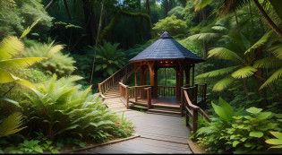 There is a wooden walkway leading to a gazebo in the woods, in a jungle environment, in a tropical forest, in serene forest setting, in a tropical forest, tropical forest, jungle setting, placed in a lush forest, forest setting, mountainous jungle setting, Malaysian jungle, gazebo, in a highly detailed jungle, Tranquil lush forest,