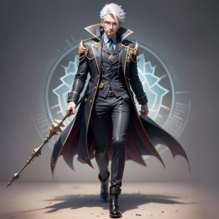 Desenhe um homem jovem com cabelos brancos, appearing to have an aura of wisdom and mystery. Seus cabelos brancos devem ser longos e levemente ondulados, proporcionando um visual elegante e distinto.

Ele usa um longo, black overcoat that extends to his ankles, creating an imposing and intriguing appearance. O sobretudo deve ter um design detalhado, with mysterious symbols or subtle inscriptions that suggest occult knowledge.

Seus olhos devem ser penetrantes e expressivos, imparting wisdom and a depth of experience. He may wear glasses or have an intense gaze that seems to see beyond the obvious.

The special silver footwear he wears is a unique and technological piece. It should be a type of boot or footwear that goes up to the knee, com um acabamento brilhante e detalhes futuristas. Essas botas prateadas devem ser estilosas e funcionais, providing the character with a unique and distinctive appearance.

Furthermore, It can carry some kind of artifact or special accessory, like a mystical staff or a bracelet with shiny gems, that reinforce your status as an individual with special powers or abilities.

Sinta-feel free to give the figure an air of mystery and power, keeping a touch of youth in his appearance. Lembre-if the main emphasis is on the black overcoat and the special silver footwear, But other additional details can be added to enhance the character and make-lo ainda mais fascinante