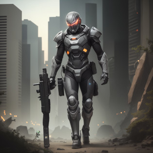Mechanical exoskeleton warrior, holding high-tech rifle in hand, realistic style, full-body exoskeleton, super detail, exoskeleton luminous cable, super realistic, 8K, super clear, complex scene, super large scene, dark color --auto --s2