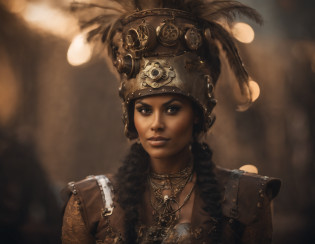 There's a sexzy indian 1woman with a steam-powered dusky skin, with big boobs,Royal look,helmet, arte conceitual steampunk, sexzy full body view top to bottom, stsnding in backview turning camera, random camera anhle,dark smoke fog background,arte steampunk digital, arte steampunk de alta qualidade, Wojtek FUS, arte digital steampunk, detailed wild steampunk illustration, Portrait of a gold and copper mechanical woman, arte steampunk, estilo de arte dieselpunk, cyberpunk steampunk, estilo de fantasia steampunk, Arte digital altamente detalhada em 4k, sci-fi steampunk