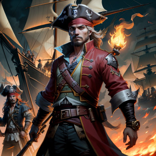 pirates on a ship in the ocean with torches coming out of their chests, concept art by Arthur Pan, Artstation contest winner, sots art, pirates, swashbuckler class pirate, roleplaying game art, pirate, detailed game art illustration, epic rpg artwork, pirate ships at war at night, pirate portrait, game key art, game art