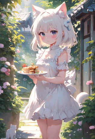 No arm frills required?Anime cat-eared girl in white dress standing in garden, Lori in dress having breakfast, small curvy loli, artwork in the style of guweiz, guweiz on pixiv artstation, guweiz on artstation pixiv, guweiz, small loli girl, soft anime illustration, Anime visuals of cute girls, Detailed Digital Anime Art