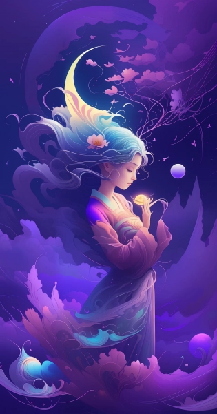 A painting of a plum blossom with the moon in the background, inspired by George Lacom, James A. R. Izzy, Night Moonlight, Moonlight Night, Plum Blossoms and the Moon, inspired by Marin, Calm Night. Digital illustration, moonlight, inspired by Ji Sheng, autumn night, inspired by Shen Shichong, luminous style painting, moonlight, blurry and dreamy illustration, calm night. Digital illustration, blurry and dreamlike illustration, Am�d�e Ozenfant, fantastic illustration, in astral plane , color plane surreal and ethereal, in cosmic realm, in surreal dreamscape, light and shadow, waves, multi-layered, foreground, vista, fractal thunder Dan Mumford, Dan Mumford and Alex gray style, psychedelic surrealist art, surrealist psychedelic design, dream art style, optical illusion psychedelic art, infinite psychedelic waves, inspired by Cyril Rolando ( Cyril Rolando), authentic ripple structure, psychedelic art style, psychedelic art, psychedelic illustration, OC renderer - V6