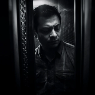 trapped in an elevator, black and white, scary and dark, photorealistic, detail rich, 16k, atmospheric, photograph, cinematic, shot on Hasselblad H4D 200MS Digital Camera, Mitakon Speedmaster 65mm f/1. 4 XCD, Fresnel lighting, --v 5