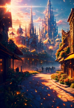 a city, vegetation, concrete, sunlight, intricate details, hyper-detailed, intricate detail, greg rutkowski, cinematic lighting, crowds, magnificent, elegant, beautiful, dynamic lighting, killian eng, ocellus, theme park, fantastical, light dust, elegant, diffuse, grimmer, intricate, light dust, black and gold contrast volumetric lighting, triadic colors, <lora:add_detail:1>, UHD, HDR, 8K, (Masterpiece:1. 5), (best quality:1. 5)