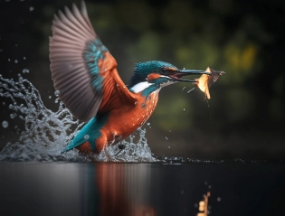 ultra realistic photografy Beautiful kingfisher catching a fish red, cinematic lighting, 85mm, --ar 4:3 --q 2