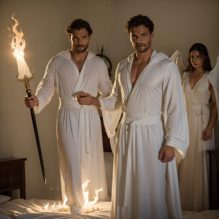 Archangel Michael and two heavenly angels protecting family in the bedroom of a house, many angels, angels protecting family, large white wings, holding flaming sword, white robe, around heavenly flames, Jamie Dornan Archangel Michael, Tom Ellis Lucifer, battle in the heavens, wearing short black beard, focus on the details of the face, coming out happy rays, serious and attractive man,  wearing white tunic, magical and real effect, movie cover, with magical light explosions, powerful celestial warrior, similar to actor Jamie Dornan, picture background inside a house in the bedroom, (8k, RAW photo, best quality, masterpiece: 1.2), (realistic, photorealistic: 1.37), professional lighting.