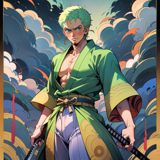 Roronoa Zoro (Masterpiece, 4k resolution, ultra-realistic, very detailed), (Theme of white samurai, charismatic, there is a swordsman next to a Japanese 