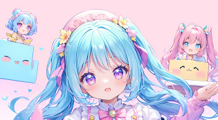 masterpiece, (2girls and 2girls and 2girls and 2girls), idol, closeup, big eyes, kawaiitech, kawaii, cute, pastel colors, best quality, happy, deep background, symmetrical, tilted head, spring
