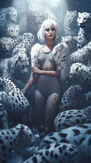 snow leopard goddess woman, digital illustration, full body view, wide-angle shot, full body, dynamic pose, tense look on her face, white hair, surrounded by dozens of snow leopards, interesting composition, photorealism, focused, 8k, super detailed, masterpiece, wide angle --ar 9:16 --s 500 --no close up --v 5