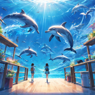 Painting of dolphins swimming in colorful ocean, Look up at the composition, Jellyfish and whales in the sky, A beautiful artwork illustration, colorful concept art, flying whale, highly detailed water colour 8k, highly detailed water colour 8 k?octane?the end?Realistic?8K?( reasonable design, High- sharpness,Best quality, Very detailed, Master parts, movie light effect, 4K )