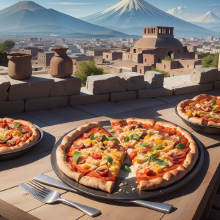# a grand and colorful pizza, placed against the backdrop of ancient Pompeii. The pizza dough acts as a vibrant canvas for a medley of gourmet toppings. Firstly, we have a golden, bubbling layer of mozzarella cheese. Next, there are red, juicy tomato slices scattered with hints of fresh green basil leaves peeking through. There are generous amounts of caramelized onions, mushrooms, and bell peppers in hues of red, yellow, and green.Continuing the parade of flavors are the savory, thinly sliced pieces of ham, pepperoni, and crispy bacon, followed by a sprinkling of blue cheese crumbles, fresh oregano, and red chili flakes for an extra kick. On the side, there are sliced black olives and marinated artichoke hearts.?The entire spectacle sits on a perfectly baked crust, slightly charred on the edges. The warm, inviting glow from the wood-fired oven illuminates the scene. In the background, the ruins of Pompeii stand silent, Mt. Vesuvius looms large, with a sky gently lit by the setting sun.