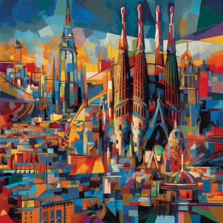 Create a vivid and colorful representation of Barcelona, Spain, as seen through the eyes of Pablo Picasso. Incorporate elements of Cubism, with fragmented shapes and bold geometric forms, capturing the city's iconic landmarks such as Sagrada Familia, Park Gell, and La Rambla. Use a wide-angle lens to capture the cityscape from a high vantage point, emphasizing the diverse architecture and bustling streets. Utilize a rich, vibrant color palette that reflects Picasso's signature style, with blues, reds, yellows, and greens dominating the scene. Frame the composition with a dynamic balance, combining the energy of the city with the abstract nature of Cubism
