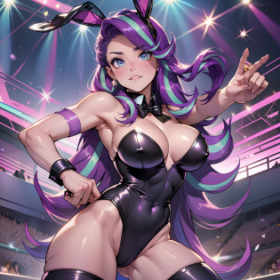 Starlight Glimmer, Starlight Glimmer from My Little Pony, Starlight Glimmer as Girl, Long Hair, Luxurious Hair, Lush Hair, Fighting stance, Full body visible, Big Breasts, Bulky Breasts, Lush Breasts, Playboy bunny, bunny suit, bunny ears, leotard