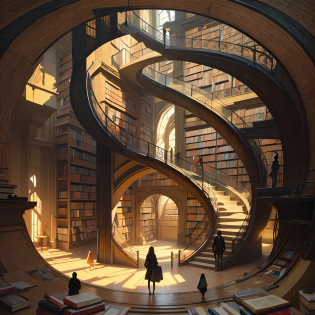 Arafed image of people, standing in the library with books, (Magic Library, Fantastic design, M�bius strip), Endless Books, Artworks of the Space Library, Book Cave, Fantasy book illustration, Spiral shelves, Complete Books, The Infinite Celestial Library, The Eternal Library, gothic epic library concept, The Magic Library, Japanese science fiction books, beeple and jean giraud, Books are everywhere