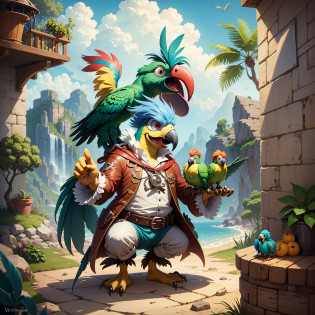 Cartoon image of a parrot dressed in a pirate costume, Avian!!! fursona!!!, anthropomorphic bird!!!, varguet style, harpy, cheeky grin, mlp style, my little pony, anthro, anthropomorphic, white