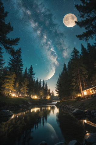 There is a sparkling full moon on the lake, Multiple satellites, Multiple satellites glowing, nighttime nature landscape, stars and milky way and moon, Environment of the Milky Way, moon in background, beeple and tim hildebrandt, Moon reflection, Milky way, absolutely outstanding image, Mikko Lagerstedt, moon landscape, Two moons in the sky, Dreamy night