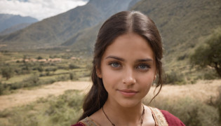 A realistic photograph of a beautiful girl with blue eyes, latina, morena, They are outdoors in Machupichu, El cielo es azul, They are smiling, She has a small waist, She is in Native American Indian short clothing, The girl is a musician, The girl is playing a quena flute, La quena es una flauta, The quena is made of a single piece of wood, La quena tiene 6 agujeros para los dedos, The girl is between two trees, The girl is near a lake, Sin dedos adicionales, Sin manos adicionales, Sin brazos adicionales, Symmetrical pupils