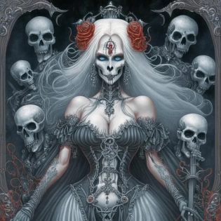 Detailed. Lady death with her servants. In a beautiful black dress with skulls. Beautiful, tall, long hair, skulls, dark dress