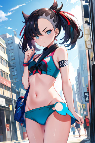tmasterpiece? best qualtiy? hight resolution? hmmarnie? light blue  eyes? Pok�mon?sling bikini?Urban background