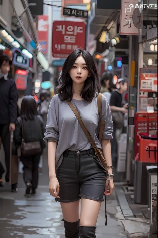 A South Korean girl, 20 years old, full body, in Seoul city, Asian woman in a gray shirt and black shorts, beautiful young Korean woman, Korean women's fashion model, Korean girl, beautiful young korean woman, Korean woman, beautiful Korean woman, beautiful South Korean woman, a young asian woman, young asian woman, standing on a city street,  Attractive girl, dressed in old street clothes, red light on left