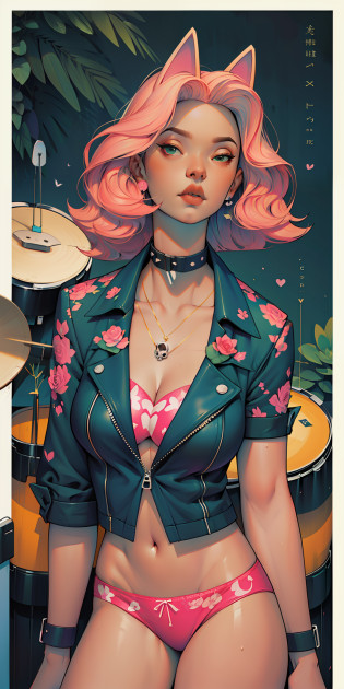Background, In chic boho style, in club, Ice cream print, multi-colored neon lights, neon garlands, rose hair, mixed-language_SMS, Japanese, (beautiful and clear background:1.2),, fantastic paintings ,graffit style, highly detail eyes , underwear, lace, latex, Pink, Purple, mint, Blue, Yellow, belve, lavender hair, Skull Print, body piercings, Loving, Love, ultra detail hair, Masterpiece, Best Quality, hiquality, hight resolution, detail enhancement, ((most beautiful image in the world)), Masterpiece, Best Quality, hiquality, hight resolution, detail enhancement, ((most beautiful image ), Shiny pink degrade hair, Ultra Short Fitted Stampa, art by stjepan sejic, art by j scott campbell, Artist Guillem March, art by citemer liu, 4k, hight resolution, comic book character, comic, high quality detailed,   style of ::2.0 comix illustration style,tatoon style, hiquality, hight resolution, detail enhancement, 8K, HD, Best Quality, hiquality, hight resolution, detail enhancement, 8K, HDR, sharp-focus, Ultra Detailed, perfect  lighting, Curvy Body, Lush breasts, Curvy hips, skull print on clothes, rock, rock star, Cool,black leather jacket with skull print, style of, spikes, Punk Rock, Wolf, Cat's ears, Cool bracelets, Choker, calavera, gotik, Skinny,  (((Plays drums))) Plays drums, Plays, Drums, drams drummer, drumsticks, virtuoso, Angel, feathers, ?????? print, cacti,  Succulents