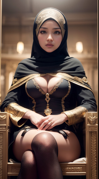 Compose a striking and cinematic photograph featuring a beautiful Malay woman in hijab and wear summer outfit seated on a throne as the leader of a mafia gang, surrounded by her loyal male followers. Use dramatic and moody lighting techniques to create a compelling atmosphere that highlights the intensity and power dynamic within the group. Pay special attention to the woman's confident and enigmatic expression as she commands the respect and allegiance of her followers. Capture the essence of their unity and authority, evoking a sense of intrigue and strength that defines their presence in the underworld.