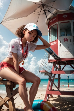1girl, a girl as a lifeguard, sitting in the sun on a white lifeguard tower, plain white shirt, red shorts, blowing a whistle, curly brown hair, very bright and sunny, watching over the beach, natural hair color and eyes, 8k, professionally color graded, depth of field <lora:add_detail:1>