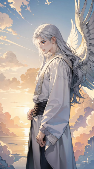 mature boy, brilliant Sun light, 4k, masterpiece, high quality, 8k, high quality details, soft dull lighting, floating particles, heaven background, paradise, white pale skin, wavy silver hair, flying bangs, side view, heaven style, clouds, realistic, flowing hair, white robe , soft blue eyes, expressionless, 1male, androgynously, robed figure, 6 wings, winged, siren, winged man, looking at viewer, cowboy shot, tall muscular guy, priest, big feathered wings, fabric strip, 8K wallpaper, side view, brilliant background
