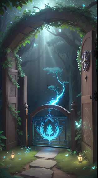 (Digital Art:1.3) from (Outline:1.1) octane render from a mysterious dense forest with a large (magical:1.2) gate (portal:1.3) to the eternal realm, The gate frame is designed in a square shape, surrounded by delicate leaves and branches, with fireflies and glowing particle effects, (UI interface frame design), (natural elements), (jungle theme),  (square), (leaves) , (branches), (fireflies), butterflies, (delicate leaves), (brightness), (particle effects, light engraved in intricate detail, (particle of light: 1.2), (game concept: 1.3), (depth of field: 1.3), global lighting, highly detailed, the gate is closed with a very dense blue magic