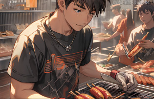 Anime boy cooking hot dog on restaurant grill, Kawasi, author?Shitao, Cooking, Guviz-style artwork, Makoto shinkai style, Realistic anime 3 D style, Tanjiro Kamado, trending on cgstation, Cai Xukun, Guviz, High Quality Anime Art Style, cooking it up, by Yang J