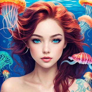 (masterpiece, top quality, best quality, official art, beautiful and aesthetic:1. 2), (1girl), (perfect face:1. 3), ((red long hair)), extreme detailed eyes, colorful, highest detailed, (mermaid), (detailed fish), (glowing jellyfish, shining jellyfish:1. 2), (bubbles:1. 2), seaweed, (under the sea), water streaks, vibrant colors, high contrast