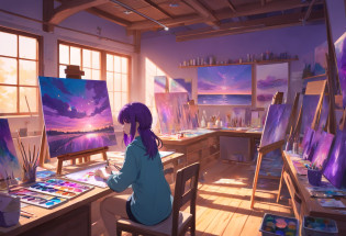 in an art studio,one artist is working in the back, her back is shown. Large art supplies are scattered around the room, creating a sense of creativity and messiness. The scene is immersed in a dark purple ambiance, which adds a mysterious and artistic atmosphere. The art supplies are vividly colored and have a variety of textures, including paintbrushes, paint tubes, canvases, and palettes. There are also unfinished artworks on easels, showing the artist's ongoing projects. The lighting is dim, illuminating only the artist's workspace, creating a focused and intimate environment. The overall image quality is of the best quality, with every detail and texture rendered in high resolution. The style of the artwork leans towards realism, capturing the intricacies of the art supplies and highlighting the artist's dedication and passion. The color palette is dominated by shades of purple, creating a dramatic and moody tone. The prompt focuses on capturing the artist's process and the atmosphere of the art studio, while emphasizing the importance of the art supplies and the artist's dedication. the artist has purple hair and is facing the back