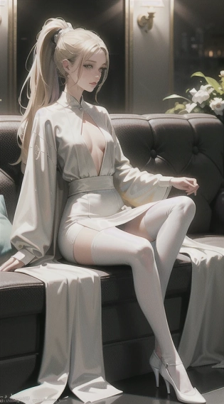 (best quality, masterpiece:1. 2), photorealistic, (cinematic composition:1. 3), ultra high res, cinematic lighting, ambient lighting, sidelighting, Exquisite details and textures, 1girl, full body, smile, ponytail, blonde hair, look at viewer, detailed face, sitting, small breasts, flight attendant uniform, (white pantyhose:1. 2), high heel, airport, lounge, detailed background, depth of field, professional lighting, photon mapping, radiosity, physically-based rendering