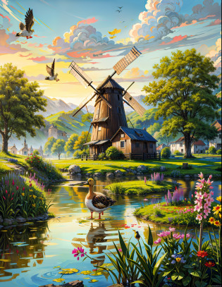 painting of a beautiful farm,with lots of flowers,lush greenery,a pond, water reflection, ((duck on a pond)),old windmill ,birds flying around pond,sunkissed image,flowers, beautiful art uhd 4 k, a beautiful artwork illustration, beautiful digital painting, highly detailed digital painting, beautiful digital artwork, a bustling magical town,farmer village, countryside Mediterranean village, detailed painting 4 k, ,windmill, village, very detailed digital painting, rich picturesque colors, gorgeous digital painting