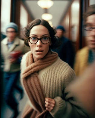 wes anderson photography style of a beautiful woman with glasses running away looking at the camera, cozy, warmth, intricate details, cinematic, the grand hotel budapest style, analog, 35mm