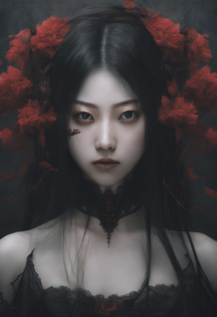 Close up portrait of woman with red flowers in her hair, girl cute-fine-face, the face of a beautiful Japanese girl, chiho, ????, Japanese Models, cute - fine - face, Beautiful Asian Girl, by Torii Kiyomoto, Realistic Young Gravure Idol, sakimichan, Cute beautiful