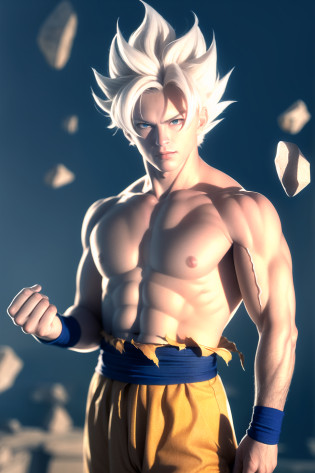 masterpiece, (photorealistic:1.5), best quality, beautiful lighting, real life, songoku, 1boy, artist name, biceps, blonde hair, blood, blood from mouth, blue sash, blue wristband, clenched hands, closed mouth, collarbone, dougi, electricity, energy, floating rock, frown, green eyes, looking at viewer, male focus, muscular, muscular male, pectorals, ribs, rock, sash, scratches, serious, solo, spiked hair, super saiyan, super saiyan 1, topless male, torn clothes, v-shaped eyebrows, wristband, ((masterpiece)) <lora:son_goku_offset:1>
