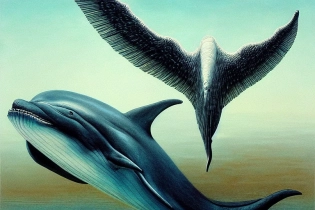 painting of hybrid between whale & dolphin & eagle, intercrossed animal, mixture animal, by tiffany bozic, by zdzislaw beksinski, organic, accurate anatomy, cold hue's, warm tone gradient background, concept art, beautiful composition, digital painting,