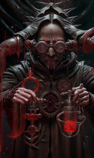 by wayne barlowe <lora:by_wayne_barlowe_finetuned:1>, , frenzied scientist, goggles, mad eyes, sinister grin, alchemist laboratory, masterpiece, the greatest details, 16k, UHD, HDR, boiling, steam, foam, Electrodes, Graduated cylinder, Tongs, Scoopula, leather apron, messy spiky hair,