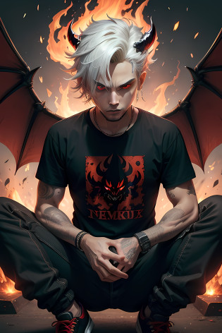 Azazel is a demon skateboarder with a striking appearance and a bold attitude. Their skin is the color of an intense red, com marcas tribais negras que percorrem seu corpo, dando-lhe um visual intimidante. Seus olhos brilham em um tom de amarelo flamejante, refletindo sua natureza infernal.

He possesses a slender and athletic wingspan, with agile and defined muscles that evidence their physical ability. Its head is adorned with sharp, black horns, that bend backwards, as if they were a demonic crown.

Azazel usa um capacete de skatista decorado com desenhos em chamas, que combinam perfeitamente com o design das chamas que surgem a cada movimento que ele faz. Sua roupa consiste em uma jaqueta de couro preta com detalhes em chamas vermelhas e uma camiseta punk de banda. He also wears torn pants, Reinforcing his rebellious attitude.

On the feet, He wears sneakers with flame designs and skateboard wheels built in., que, quando ele utiliza sua habilidade infernal, ignite with demonic energy, allowing it to glide through the roughest and most impossible terrain.

In one hand, Azazel segura seu skate infernal, a black plank with drawings of flames and demonic symbols, which he summoned from the infernal abysses to assist him in his manoeuvres and adventures.

With a confident attitude and always ready for the next maneuver, Azazel 