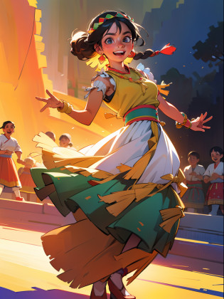 (best quality,4k,8k,highres,masterpiece:1.2),ultra-detailed,(realistic,photorealistic,photo-realistic:1.37),cultural,colorful,eye-catching,portrait,traditional dress,mexican girl,energetic,dynamic,detailed face and expression,beautiful detailed eyes,beautiful detailed lips,braided hair,floral patterns,headpiece with feathers,vibrant colors,rich textures,traditional accessories,smiling face,confident posture,traditional dancing,fiesta atmosphere,joyful celebration,music and movement,proud heritage,graceful movements,traditional mexican backdrop,sunlit scenery,decorated stage,traditional decorations,traditional music and instruments,local street food vendors,folklore,delicious aroma of mexican cuisine,cheerful crowd,feeling of unity and happiness,traditional dances and songs,authentic cultural experience.