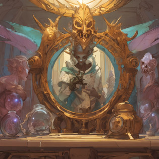 The watch has a large viewing angle?Look up at the characters?The character examines himself in front of the mirror?Facial expressions are reflected through the mirror?Character looking in the mirror?Hand on either side of the sink?mohrbacher, by Krenz Cushart, wlop and krenz cushart, peter mohrbacher art style, In the artistic style of Morebach, krenz cushart and artem demura, peter mohrbacher c 2 0