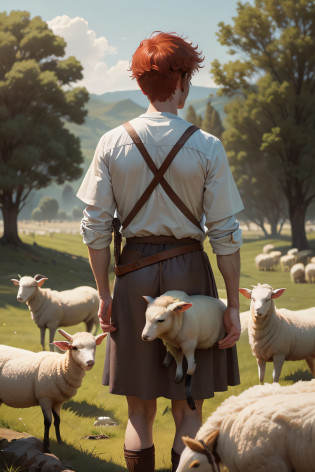 David A SHORT, SKINNY, RED-HAIRED BOY IN THE CLOTHES OF AN OLD TESTAMENT SHEEPHERDER TENDING THE SHEEP IN THE FIELD THE SHEEP ARE RUNNING,David A SHORT, SKINNY RED-HAIRED BOY IN THE CLOTHES OF AN OLD TESTAMENT SHEEPHERDER FROM THE BIBLE
This image captures David FROM THE BIBLE CARING FOR SHEEP  , o escolhido de Deus, enquanto cuida de suas ovelhas. He is in a pastoral setting, mostrando seu compromisso e responsabilidade. The soft colors and tranquility of the scene reflect the purity of heart that God values.