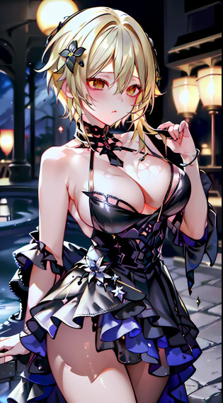 masterpiece, best quality, highy resolution, 1girl, solo, lumine (genshin impact), blonde hair, short hair, black flower ornament hair, black lipstick, black summer dress, hot Springs, night, moolight, blushes, big breasts, captivating, attractive, gorgeous, smooth, glowing skin, full body, queen abyss, breasts over