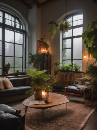 The modern living room of the Middle Ages is dimly lit?There were dark rainy nights outside, (Foggy and rainy nights:1.2), Pacific Northwest, (Dim lighting:1.4), (Moody lighting:1.2), A plant, Large plants, Rainy, Monstera, Many plants, (Foggy windows:1.2), Masterpiece, Best quality, Twilight Hour, (during night:1.4), rainy evening, After sunset,