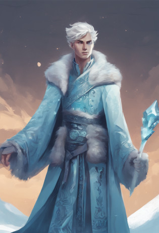 Eine realistische Grafik (Digitale Kunst) von meiner Romanfigur. He is the king of the ice islands. Ein sehr gutaussehender Mann. Er hat hellblonde, short hair and wears a blue robe, also fur to keep warm. Er sieht eher ernst aus. Zudem begleitet ihn ein Polarfuchs.