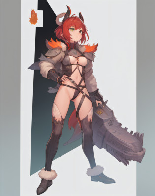 Fire horns, cyberpunk, armor in the style of Horizon Zero Dawn, Red-haired girl, fiery, green eyes, pigtails, a wreath of fire horns on her head, barbarian, a huge techno cannon in her hands, a huntress, bones on the body, insect plates, chitin, fur, small bones, light bones and red fur on the shoulders, dark leather stockings made of strips of cut leather on the legs, ropes and light bones on the body,  thin panties, a small bra made of bones, bright red hair, jewelry made of horns, a fur gun. Instead of underpants, rope, bones and chitin, fur shoulder pads and with chitin, a tail of hair on the back of the head, a short haircut, a bionic cannon in the form of the mouth of a wolf, shark, dragon look up. The girl has green eyes, a playful look, a good-natured smile, a neat nose, tight panties, tight thongs, mini-underwear, leaky underwear, torn fabrics, a lot of torn fabrics, a lot of holes in fabrics, a cannon with a monster's head, a cannon barrel in the form of a monster, a flame bursts out of her mouth, a portal in a cannon. The girl has short hair, a ponytail at the back is short and looks up, fur shoulder pads, a jacket on the shoulders, a torn bra, the pubis is open, diagonal straps all over the body, powerful energy escapes from the open toothy mouth of a cannon, a bird's skull on a girl's belly, tattoos, vertebrae on the edges of stockings, cyberpunk, ethnic style of clothing, vintage clothes, worn, prehistoric style, prehistoric jacket, elbow pads made of insects,  chitinous cannon, bionic cannon, torn jacket sleeves, chitinous plates on the jacket, flame flashes, cyberpunk, the whole cyberpunk style, a lot of technology, technologies of the future, futurism, science fiction, fantasy, wildness, sexuality, emphasized eroticism, cold lighting, flames from everywhere, a lot of fire, bones on the shoulders, small details on the shoulders, a skull on the belt, the girl has curly hair, tattoos on her face, maximum nudity, diagonals, caveman,  prehistoric image,