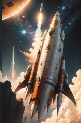 Close up of a rocket flying through the sky, vintage sci - fi art, vintage scifi, painting of ornate space ship, vintage retro scifi, retro sci - fi art, 1 9 5 0 s scifi, retro 1 9 6 0 s sci - fi art, vintage scifi poster, vintage sci - fi, space craft, retro scifi, vintage sci fi