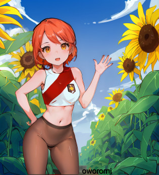 Chica de dibujos animados en un campo de girasoles con una faja roja, protagonista femenina ? :8, cuerpo completo:: Clima soleado::, de pie en un campo de flores, Hermosa chica de anime girasol, girasoles en el fondo, escena : Campo de girasoles, escena: Campo de girasoles, Fanart oficial, en estilo anime, caliente con sol brillante, en un estilo anime, De pie en el campo de flores